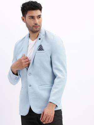 Men's Solid Notched Lapel Blue Single Breasted Blazer 3