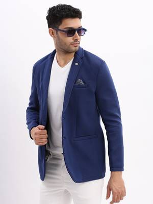 Men's Solid Notched Lapel Navy Blue Single Breasted Blazer 1