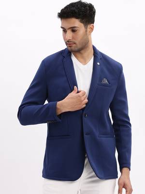 Men's Solid Notched Lapel Navy Blue Single Breasted Blazer 2