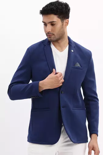 Men's Solid Notched Lapel Navy Blue Single Breasted Blazer