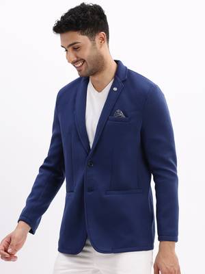 Men's Solid Notched Lapel Navy Blue Single Breasted Blazer 3