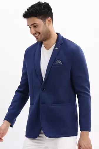 Men's Solid Notched Lapel Navy Blue Single Breasted Blazer