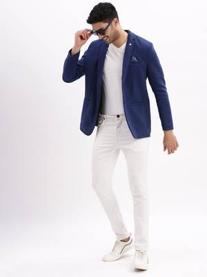 Men's Solid Notched Lapel Navy Blue Single Breasted Blazer 5