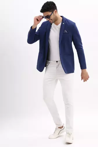 Men's Solid Notched Lapel Navy Blue Single Breasted Blazer