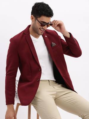 Men's Solid Notched Lapel Maroon Single Breasted Blazer 1