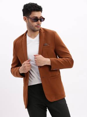 men's solid notched lapel brown single breasted blazer 1