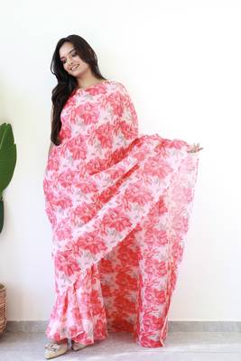 pink gown style ready made georgette saree free size upto 42 without blouse 1