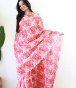 Pink Gown Style Ready To Wear Georgette Saree Free Size Upto 42 Without Blouse