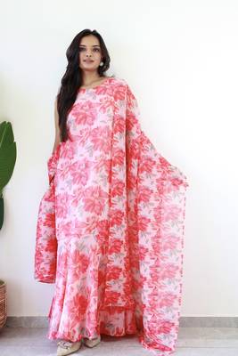 pink gown style ready made georgette saree free size upto 42 without blouse 2