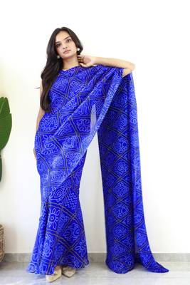 blue gown style pre-stitched georgette saree free size upto 42 without blouse 1