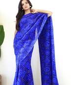 Blue Gown Style Ready To Wear Georgette Saree Free Size Upto 42 Without Blouse