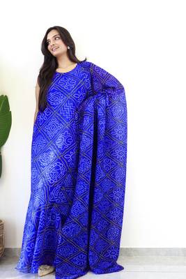 blue gown style pre-stitched georgette saree free size upto 42 without blouse 2