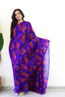 indigo gown style ready to wear georgette saree free size upto 42 without blouse 1