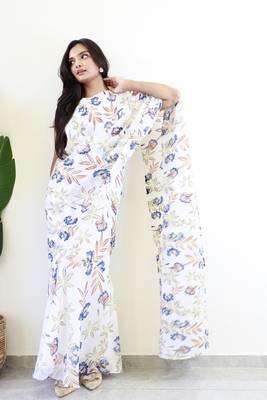 white gown style pre draped georgette saree free size upto 42 1