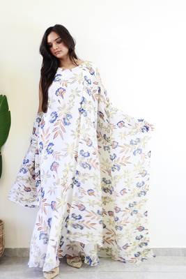 white gown style pre draped georgette saree free size upto 42 2