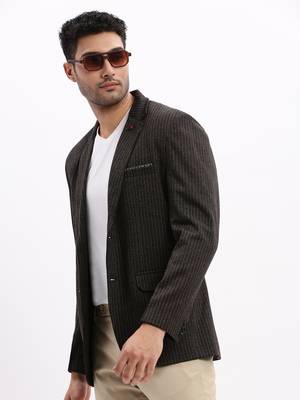 SHOWOFF Men's Striped Notched Lapel Charcoal Single Breasted Blazer 1