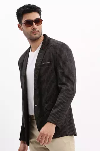 SHOWOFF Men's Striped Notched Lapel Charcoal Single Breasted Blazer