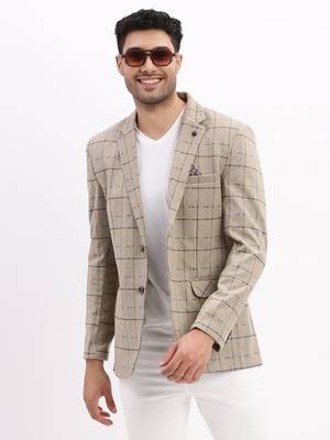 Men's Checked Notched Lapel Beige Single Breasted Blazer 1