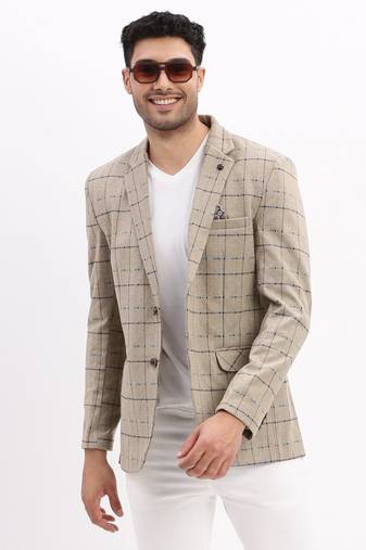 Men's Checked Notched Lapel Beige Single Breasted Blazer