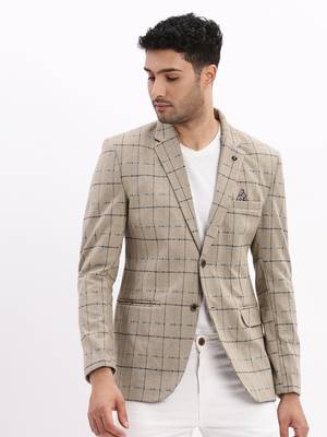 Men's Checked Notched Lapel Beige Single Breasted Blazer 2