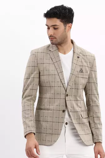 Men's Checked Notched Lapel Beige Single Breasted Blazer