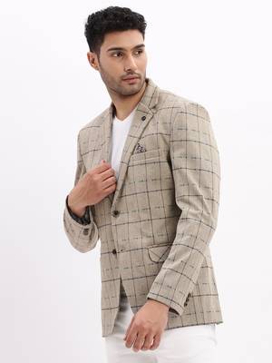 Men's Checked Notched Lapel Beige Single Breasted Blazer 3