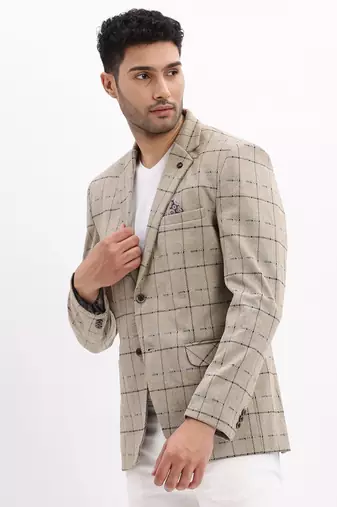 Men's Checked Notched Lapel Beige Single Breasted Blazer