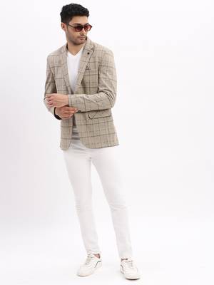 Men's Checked Notched Lapel Beige Single Breasted Blazer 5