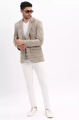 Men's Checked Notched Lapel Beige Single Breasted Blazer