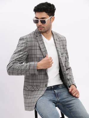 Men's Checked Notched Lapel Grey Single Breasted Blazer 1
