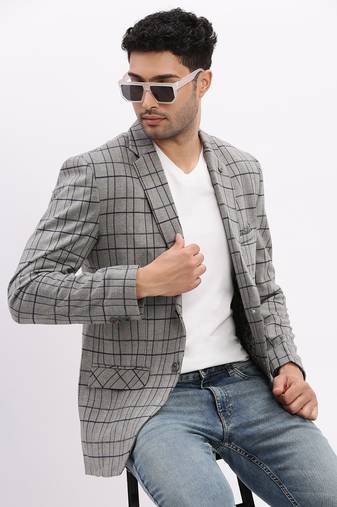 Men's Checked Notched Lapel Grey Single Breasted Blazer