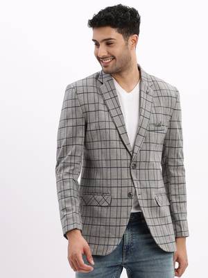 Men's Checked Notched Lapel Grey Single Breasted Blazer 2