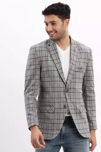 Men's Checked Notched Lapel Grey Single Breasted Blazer