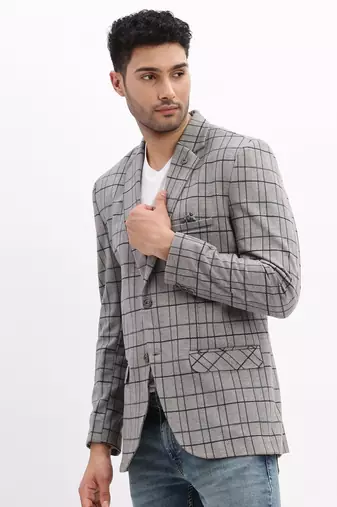 Men's Checked Notched Lapel Grey Single Breasted Blazer