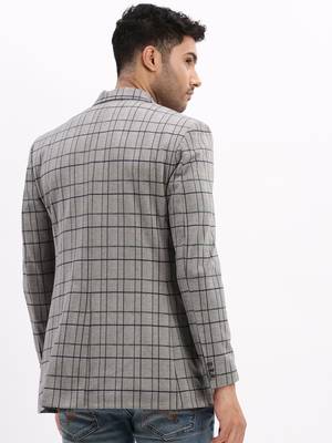 Men's Checked Notched Lapel Grey Single Breasted Blazer 4