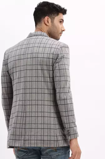 Men's Checked Notched Lapel Grey Single Breasted Blazer