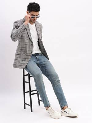 Men's Checked Notched Lapel Grey Single Breasted Blazer 5