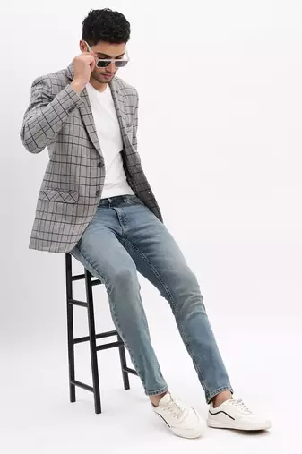 Men's Checked Notched Lapel Grey Single Breasted Blazer