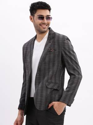 men's checked notched lapel charcoal single breasted blazer 1