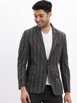 men's checked notched lapel charcoal single breasted blazer 2