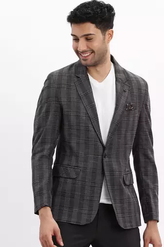 men's checked notched lapel charcoal single breasted blazer