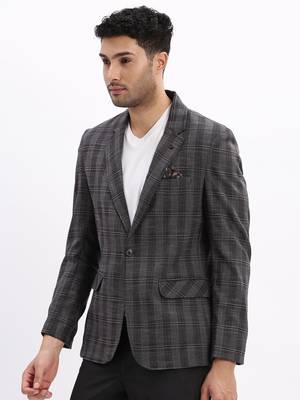 men's checked notched lapel charcoal single breasted blazer 3