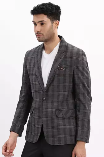 men's checked notched lapel charcoal single breasted blazer