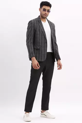 men's checked notched lapel charcoal single breasted blazer