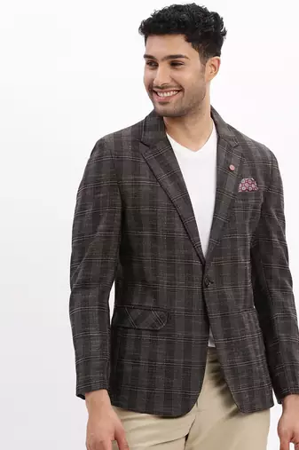 Grey Checked Notched Lapel Single Breasted Blazer