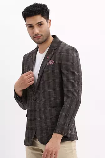 Grey Checked Notched Lapel Single Breasted Blazer
