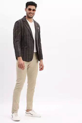 Grey Checked Notched Lapel Single Breasted Blazer