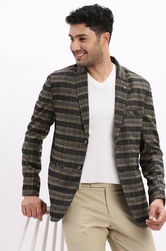 Men's Checked Notched Lapel Black Single Breasted Blazer