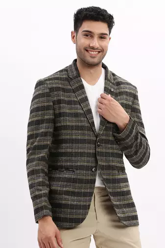 Men's Checked Notched Lapel Black Single Breasted Blazer