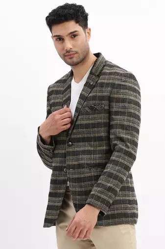 Men's Checked Notched Lapel Black Single Breasted Blazer